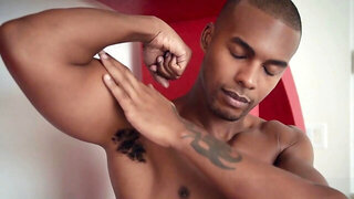 Handsome black gay Jacen Zhu pleasures himself solo with his big black cock