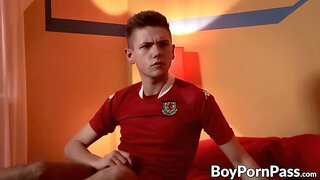 Skinny young Aaron Aurora cums while riding big cock