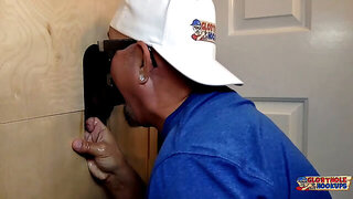 man drops by the gloryhole for a quick bj and can't help cracking jokes about anonymous service
