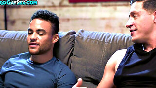 Black stud rides the cock of his white tattooed BF on the couch