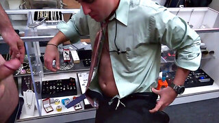 Pawnshop gay buyer gets fucked by the owners in a public 3some