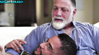Inked and pierced hunk gets fucked in a 3way by BF and gaydaddy