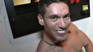 Handsome straight guy explores a wild gloryhole encounter with another man