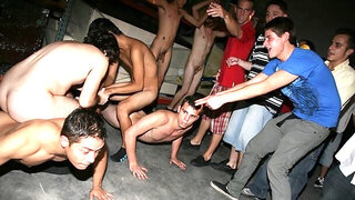 Warehouse orgy with submissive gay pledges and more