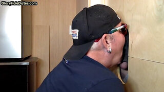 moustached daddy finds a surprise mouth at the gloryhole and gets more than he bargained for