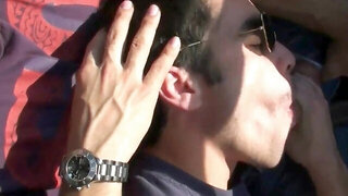 Guys in sexy shades fucking each other outside