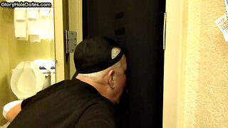 Gloryhole gaydaddy opens mouth to suck BF's dick