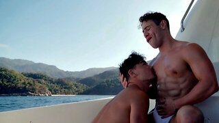 Cumloving jock gets fucked in a hot foursome on the boat